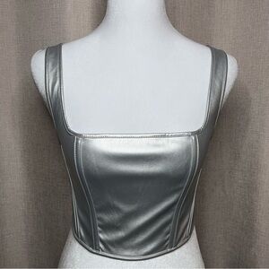 Bear Dance Metallic Silver Faux Leather Bustier Corset Crop Top Women’s Small